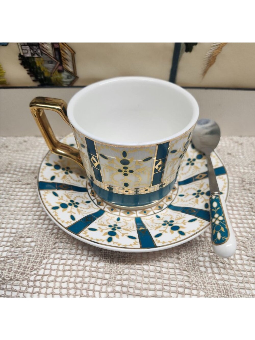 Bold Design Porcelain Tea Cup With Saucer & Matching Spoon - Intricate Blue & Go